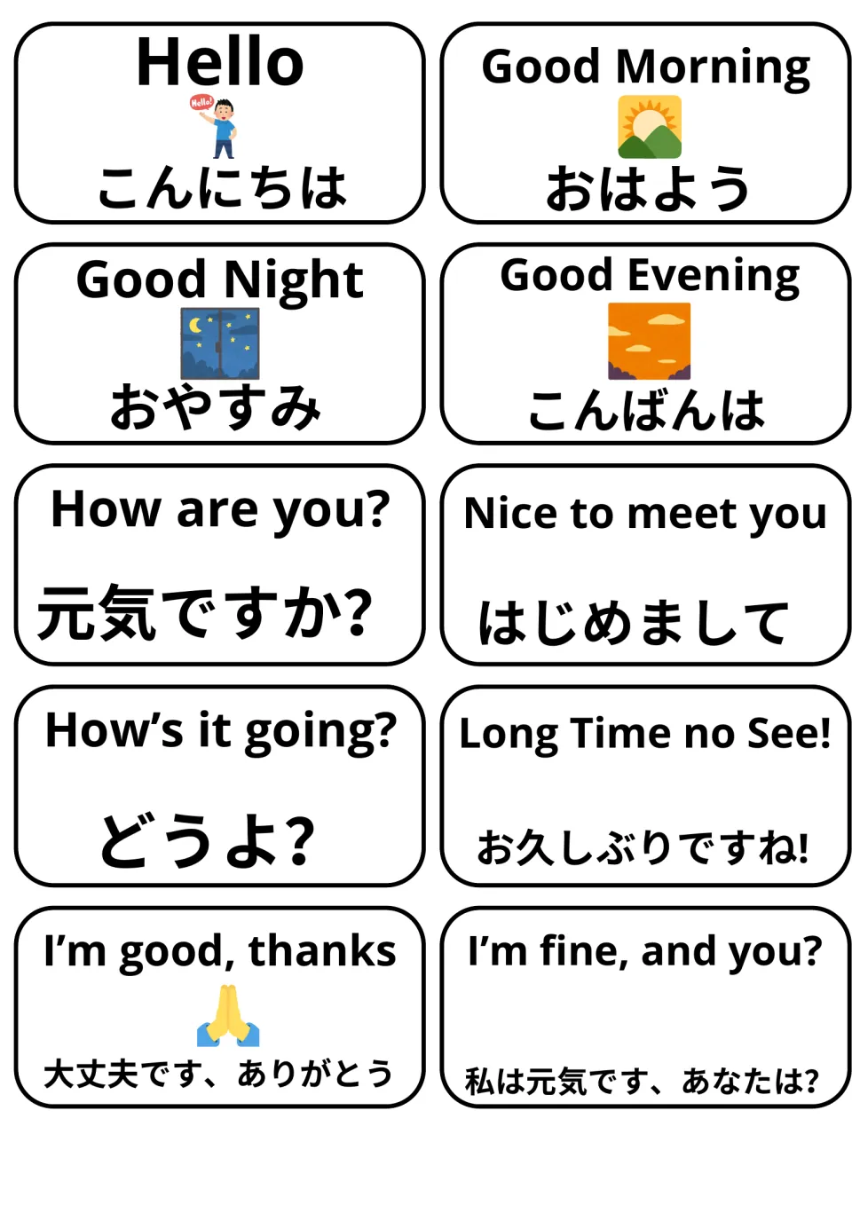 English-Japanese flashcards 1–10: Hello, Good Morning, How are you?, and seven more greetings and responses.