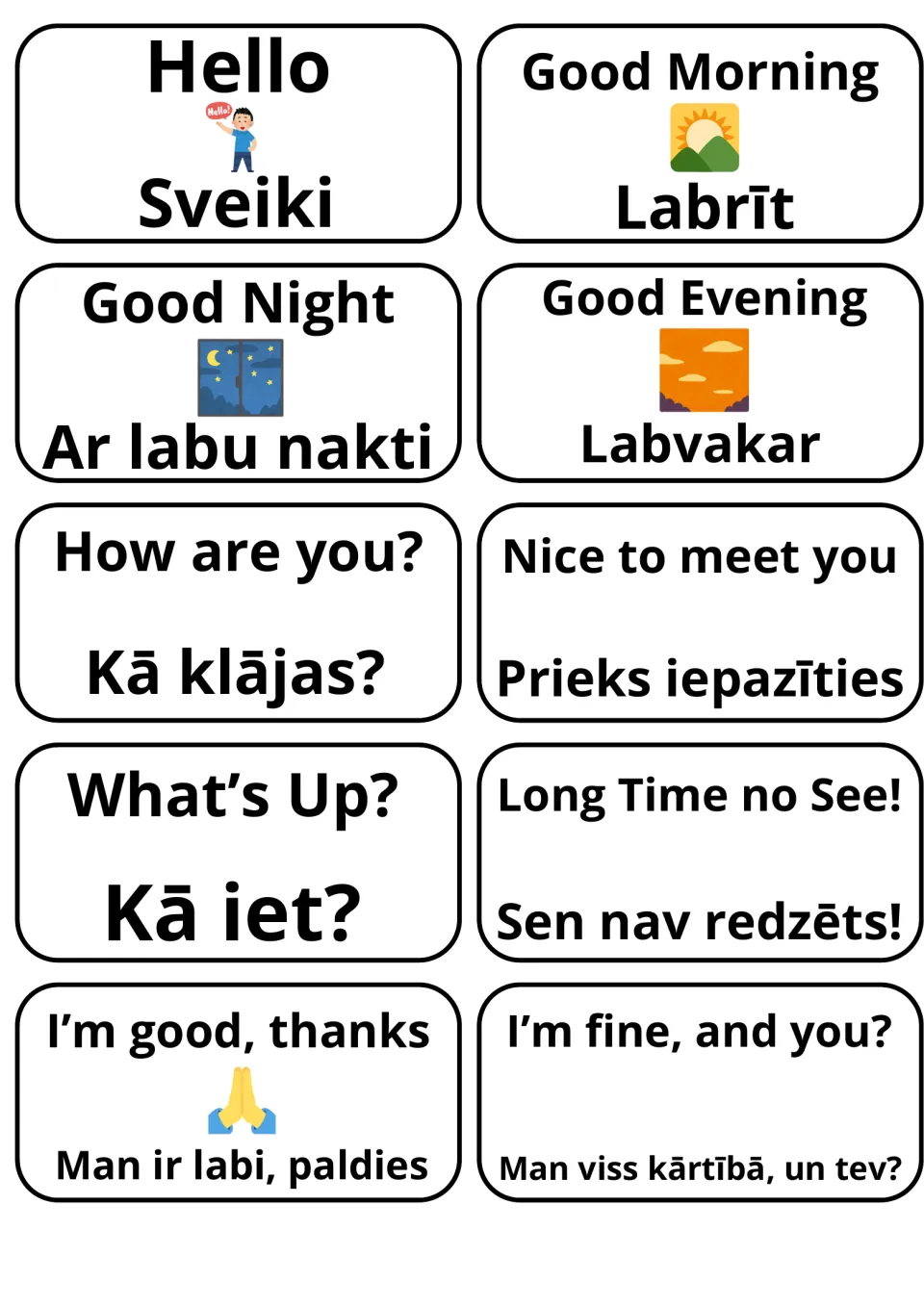 Greetings in English and Latvian: 10 flashcards with Hello/Sveiki, Good Morning/Labrīt and How are you?/Kā klājas?