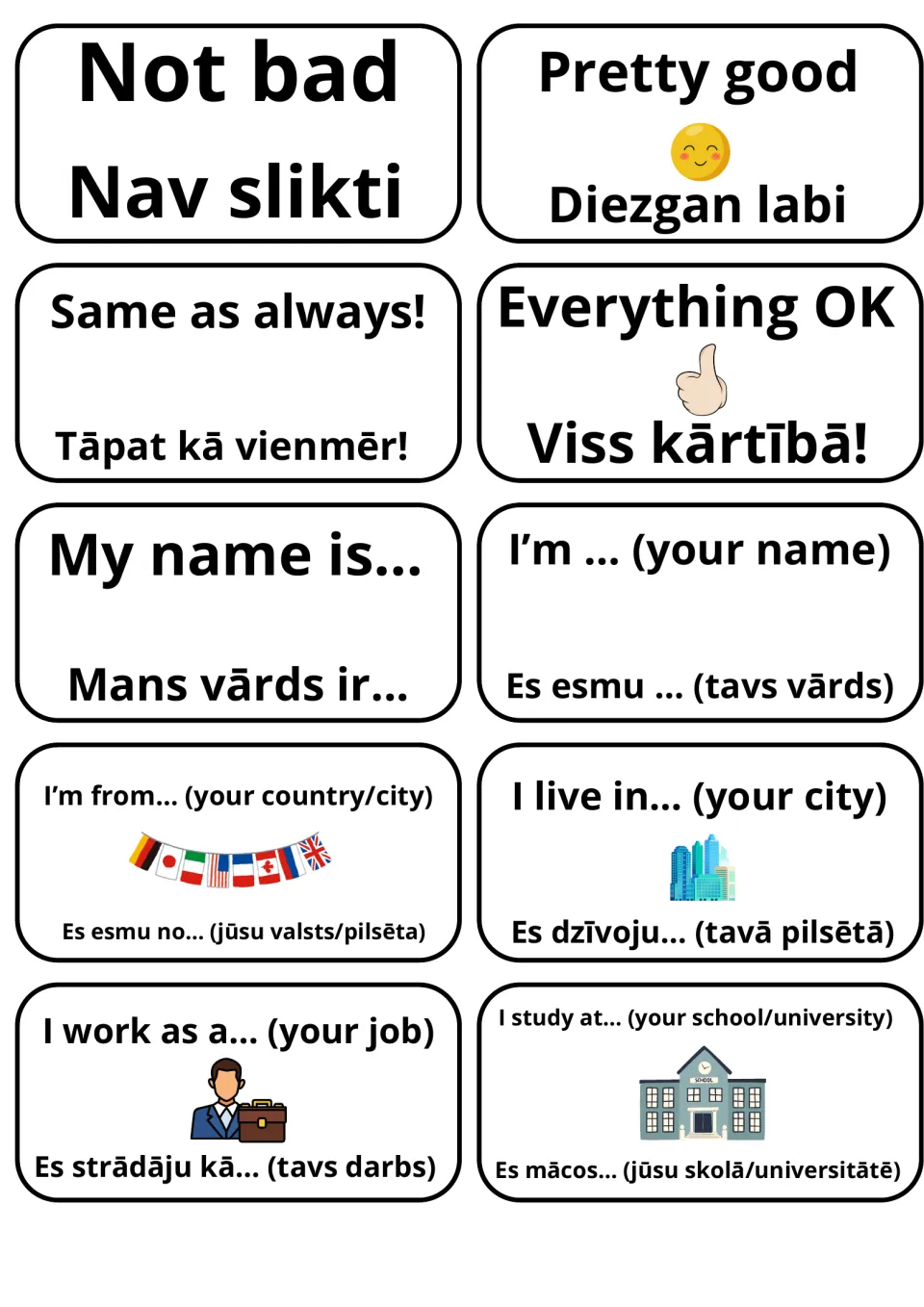 Responses and self-introductions: 10 English-Latvian cards like Not bad, My name is…/Mans vārds ir… and I live in…