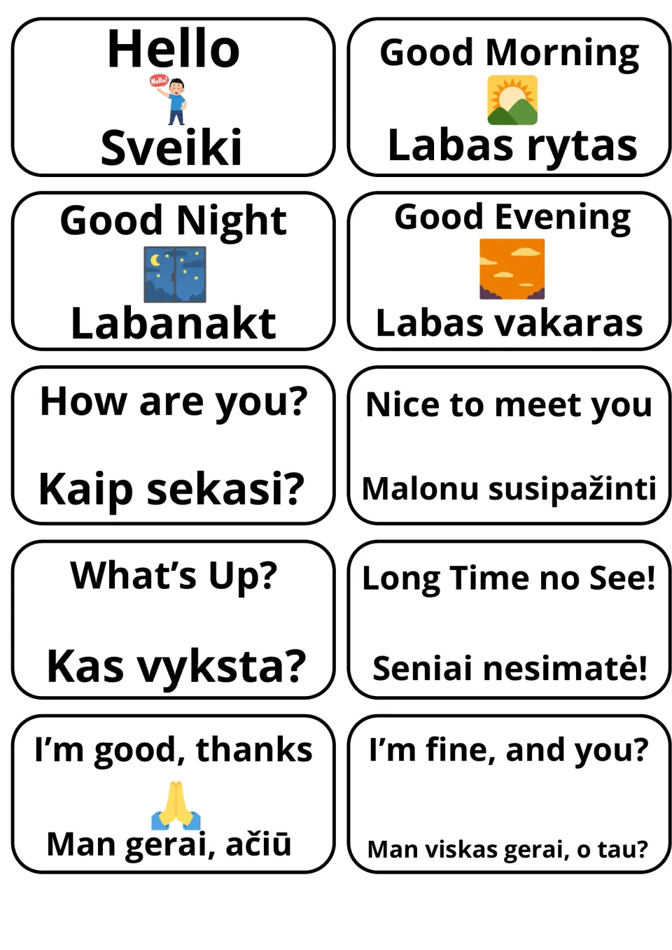Greeting flashcards in English and Lithuanian: Hello/Sveiki, Good Morning/Labas rytas, How are you?/Kaip sekasi? and more
