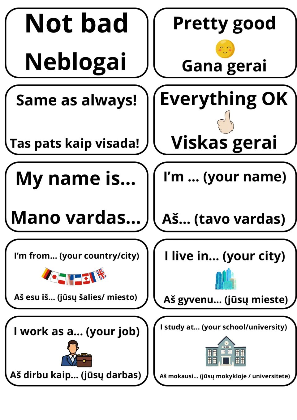 Replies and self-introduction cards in English and Lithuanian: Not bad/Neblogai, My name is.../Mano vardas...