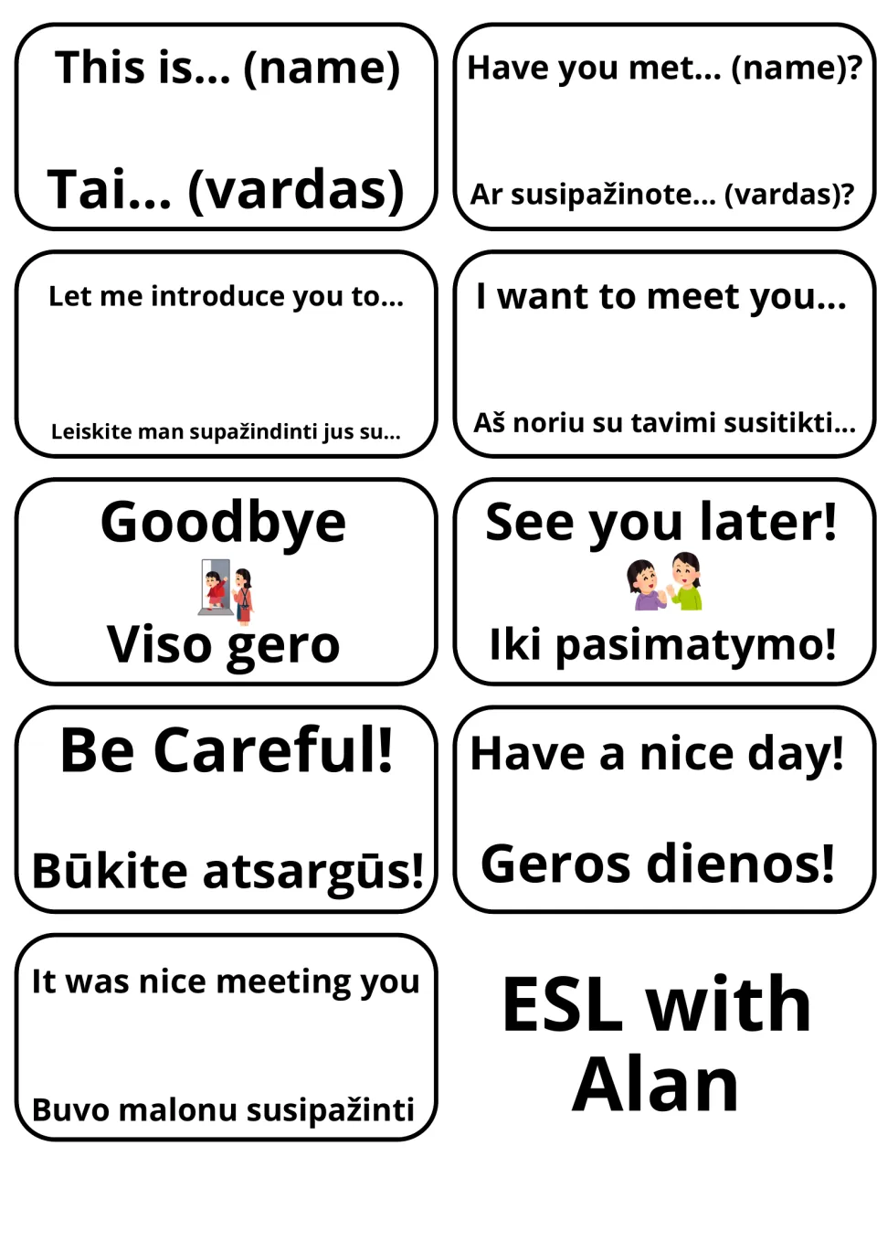 Introducing others and farewell cards in English and Lithuanian: This is.../Tai..., Goodbye/Viso gero, See you later!