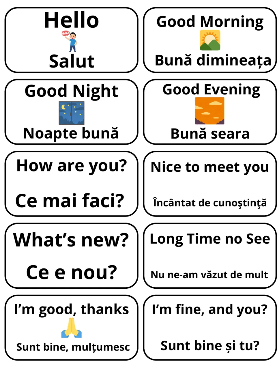 Greetings flashcards in English and Romanian: 10 cards such as Hello/Salut, Good Night and How are you?/Ce mai faci?