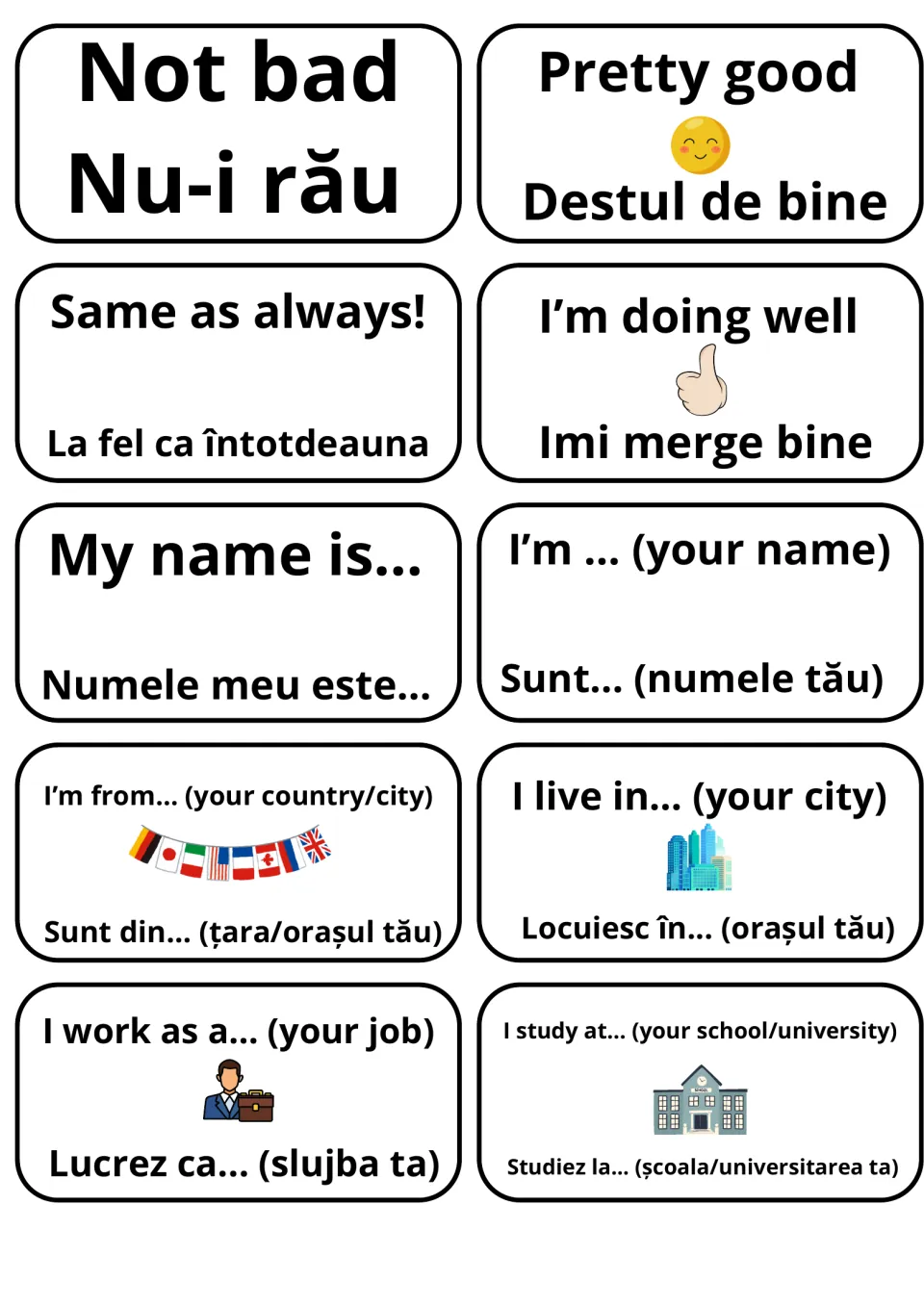 Self-introduction flashcards in English and Romanian: students say My name is…, I'm from…, I live in…, I work as…