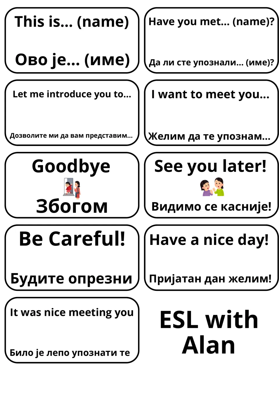 Introducing others and farewells: This is..., Let me introduce you to..., Goodbye, See you later! in English and Serbian