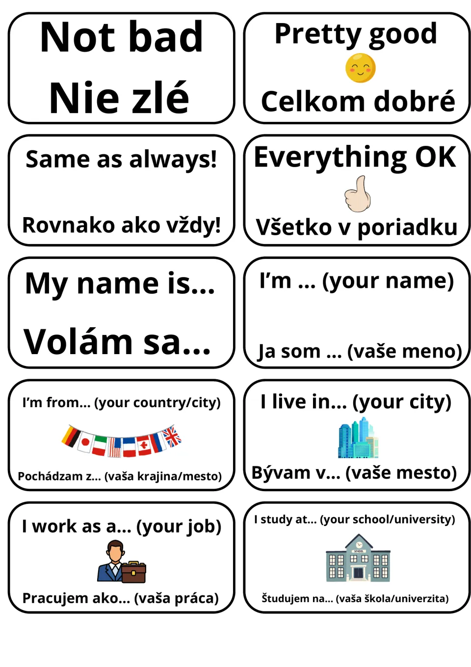Self-introduction cards in English and Slovak: replies like Not bad, then My name is..., I'm from..., I live in...