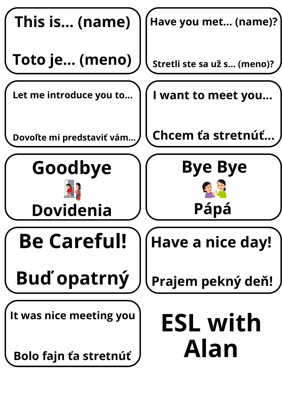 Introducing others and farewells in English and Slovak: This is..., Let me introduce you to..., Goodbye/Dovidenia, Bye Bye