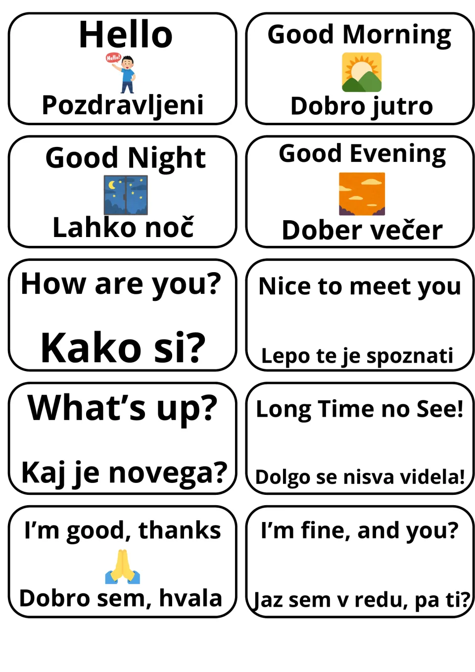 English-Slovene greeting flashcards: Hello/Pozdravljeni, Good Morning/Dobro jutro, How are you?/Kako si? and more