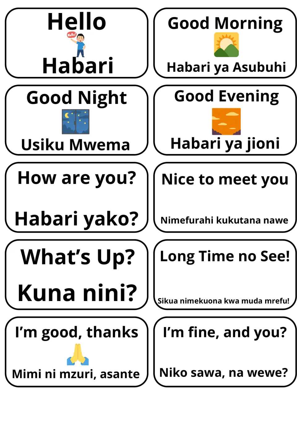 English-Swahili greeting flashcards: 10 cards pair phrases like Hello/Habari and How are you?/Habari yako?
