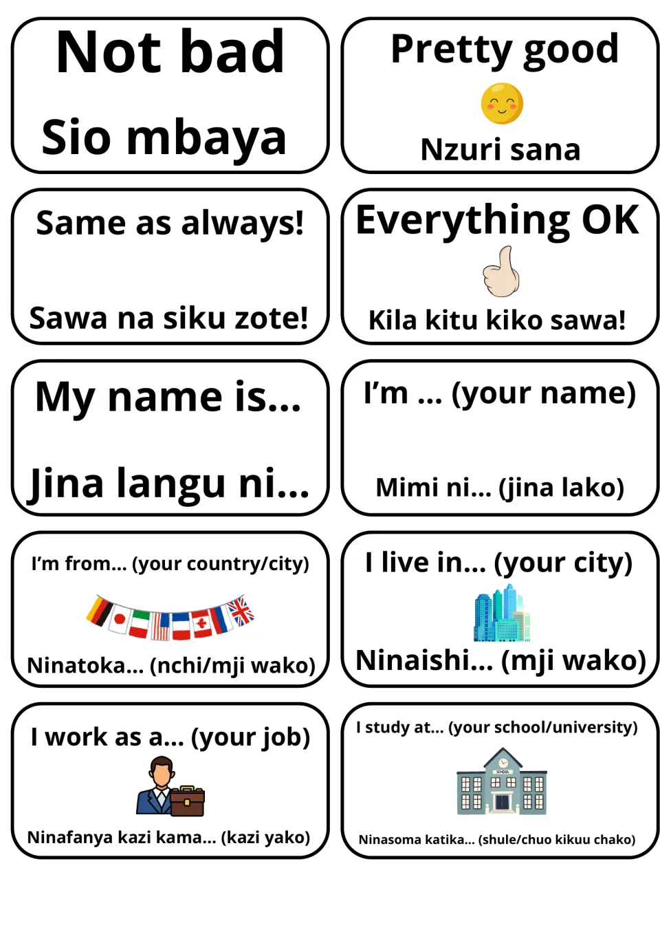 Swahili self-introduction flashcards: replies like Not bad/Sio mbaya plus My name is, I'm from, I live in, I work as