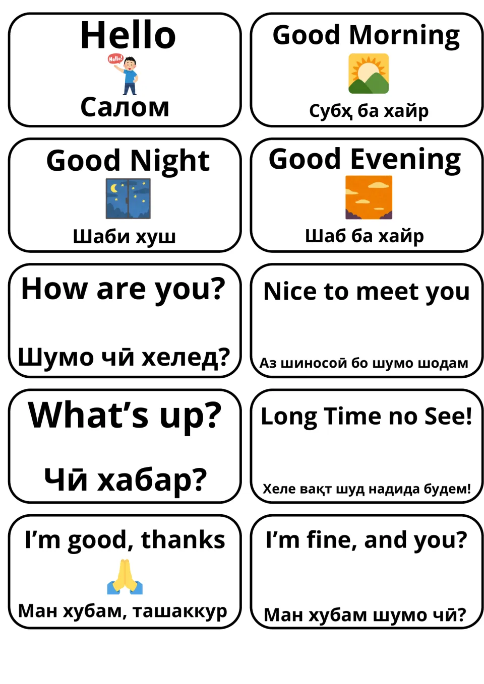 English–Tajik greeting flashcards: Hello, Good Morning, How are you?, Nice to meet you and replies like I'm good, thanks