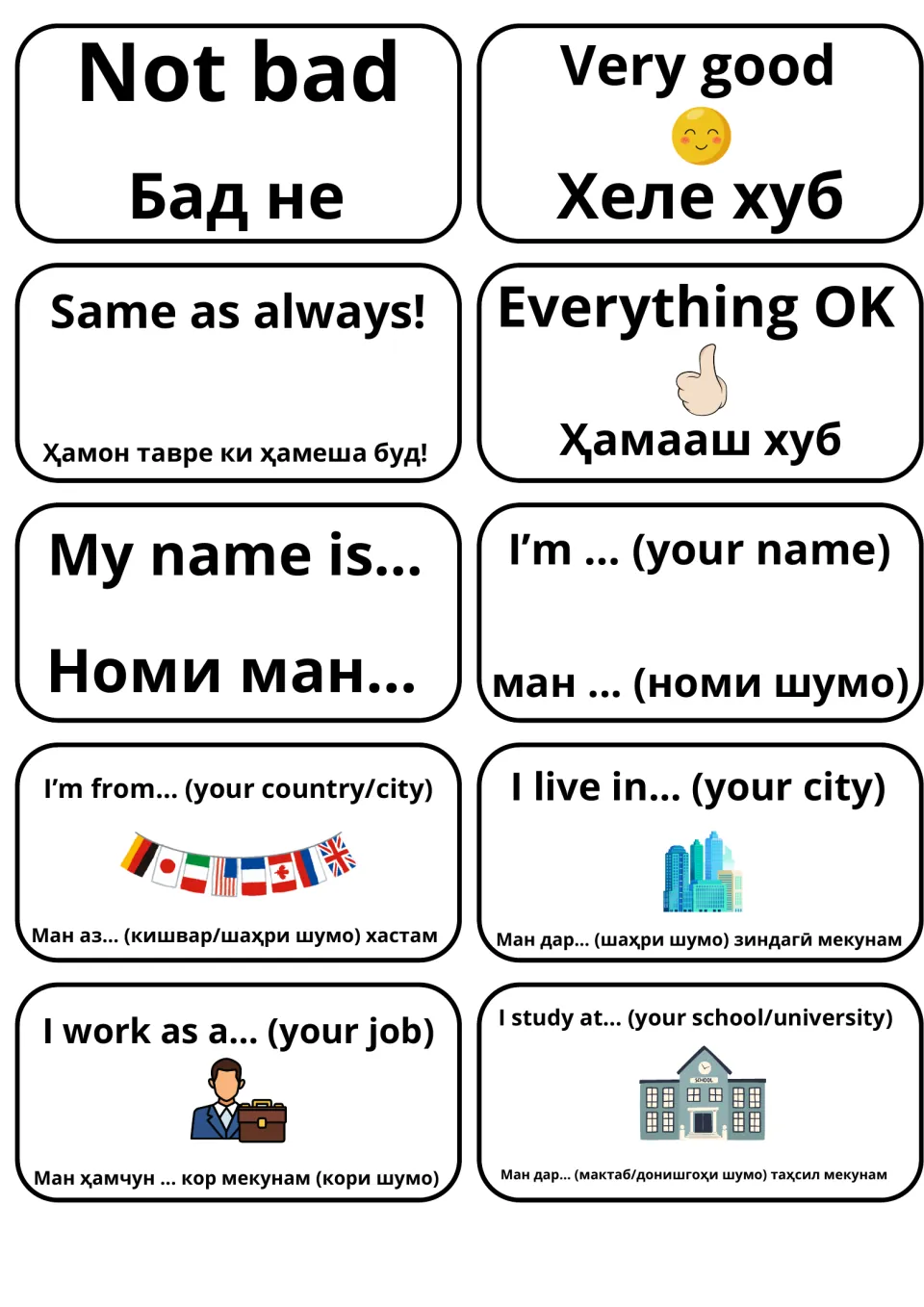 English–Tajik cards for replies and self-introduction: Not bad, Very good, My name is…, I'm from… and I live in…