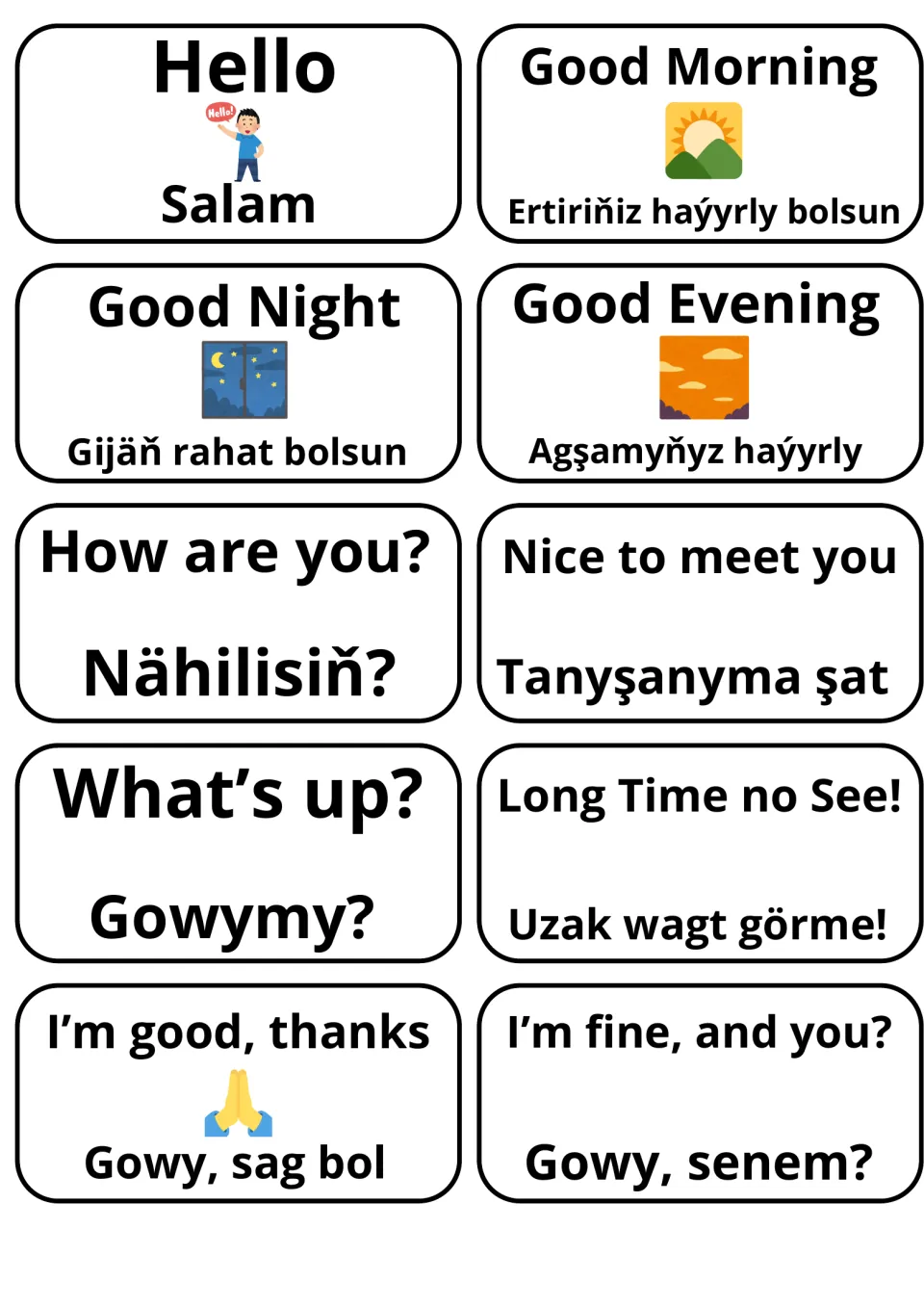Greetings flashcards in English and Turkmen: Hello/Salam, Good Morning, Good Night, How are you? and Nice to meet you