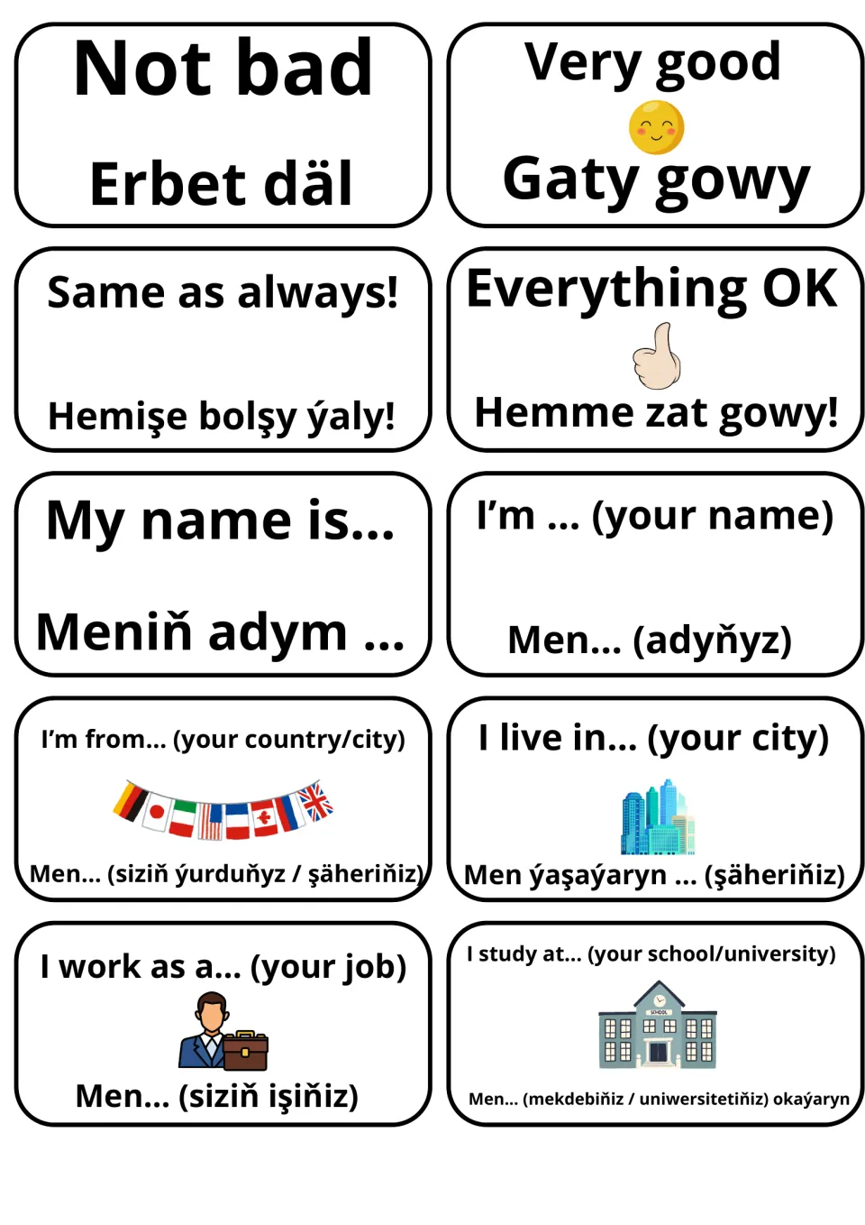 Self-introduction flashcards, English to Turkmen: Not bad, Very good, My name is…, I'm from…, I live in…, I work as a…