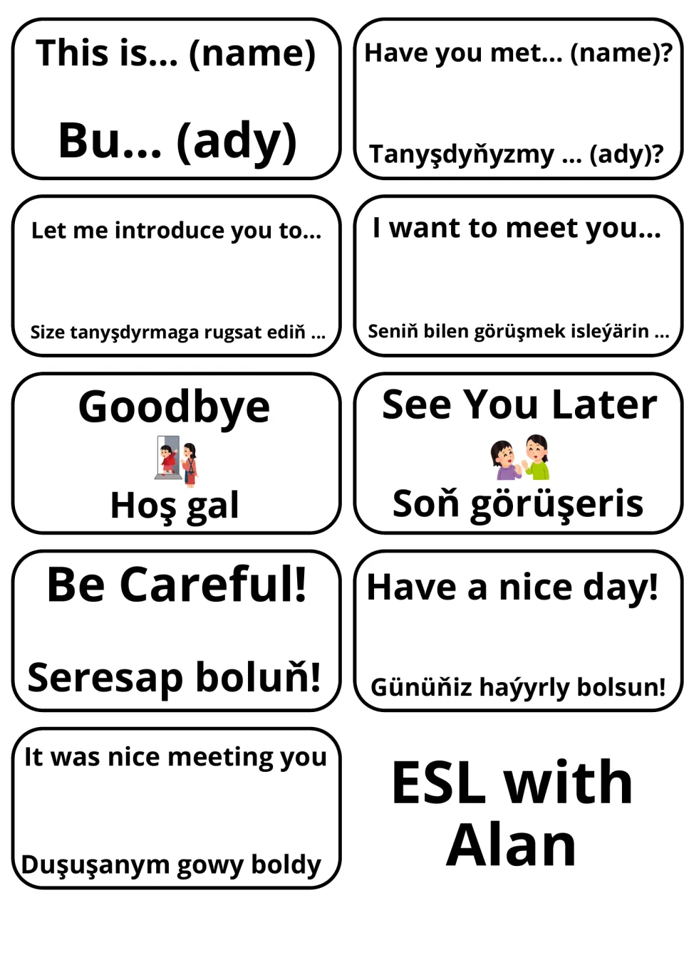 Introducing others and farewells in English and Turkmen: This is…, Let me introduce you to…, Goodbye/Hoş gal, See You Later