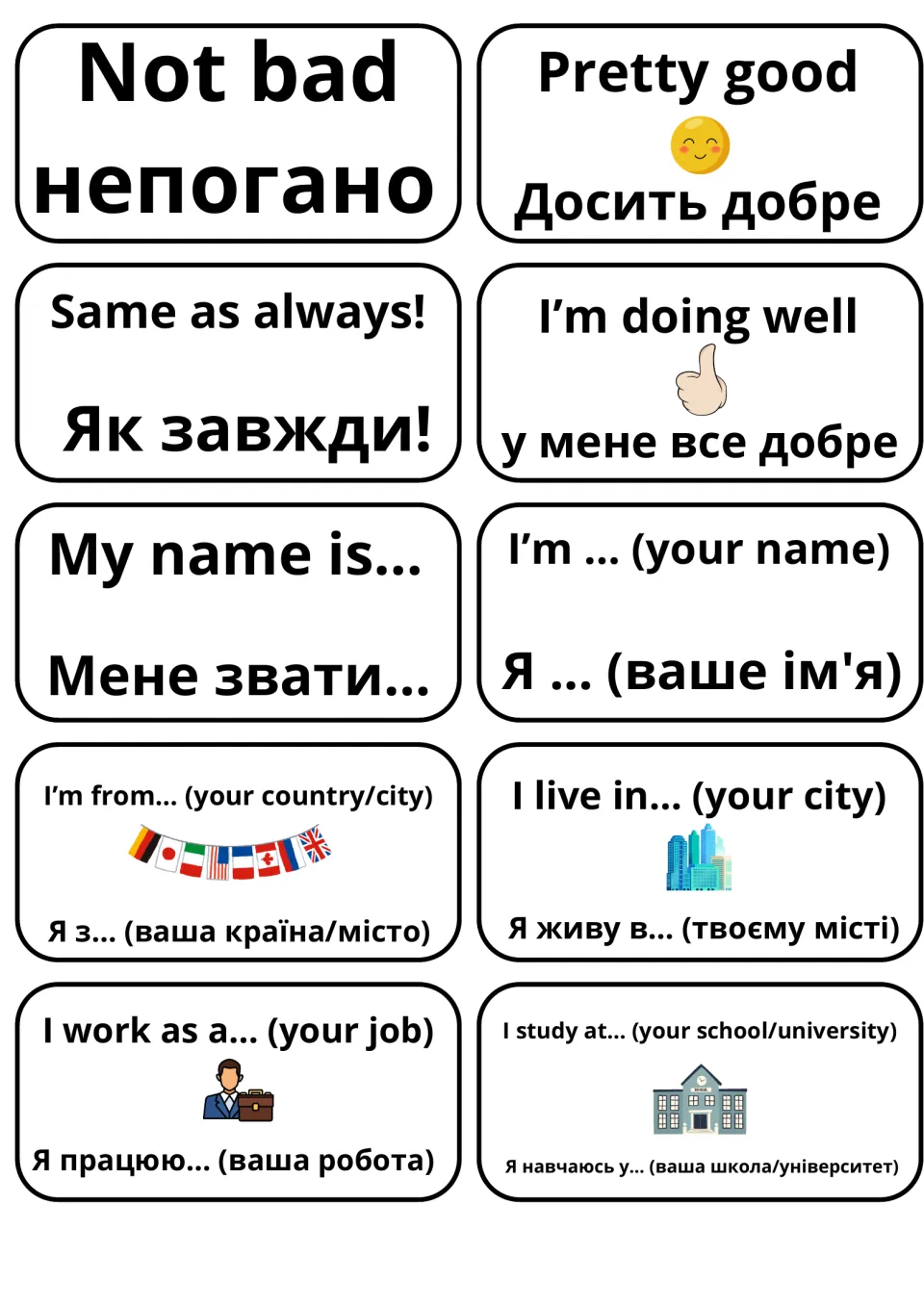 English-Ukrainian flashcards for answering How are you? and self-introductions: My name is, I'm from, I live in