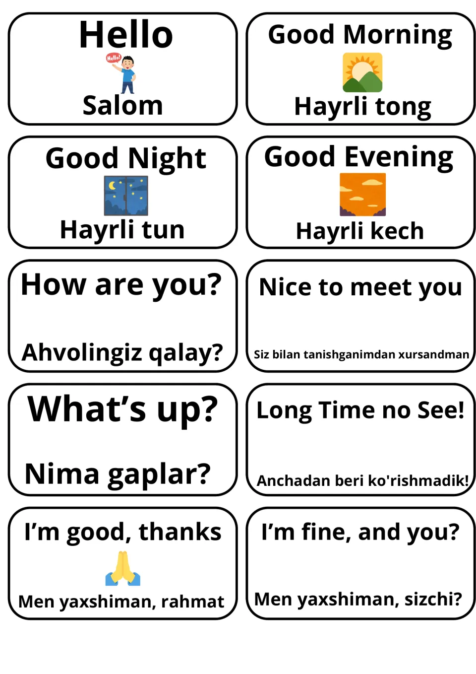 Greetings flashcards: 10 English phrases such as Hello, Good Morning and How are you? each paired with its Uzbek form