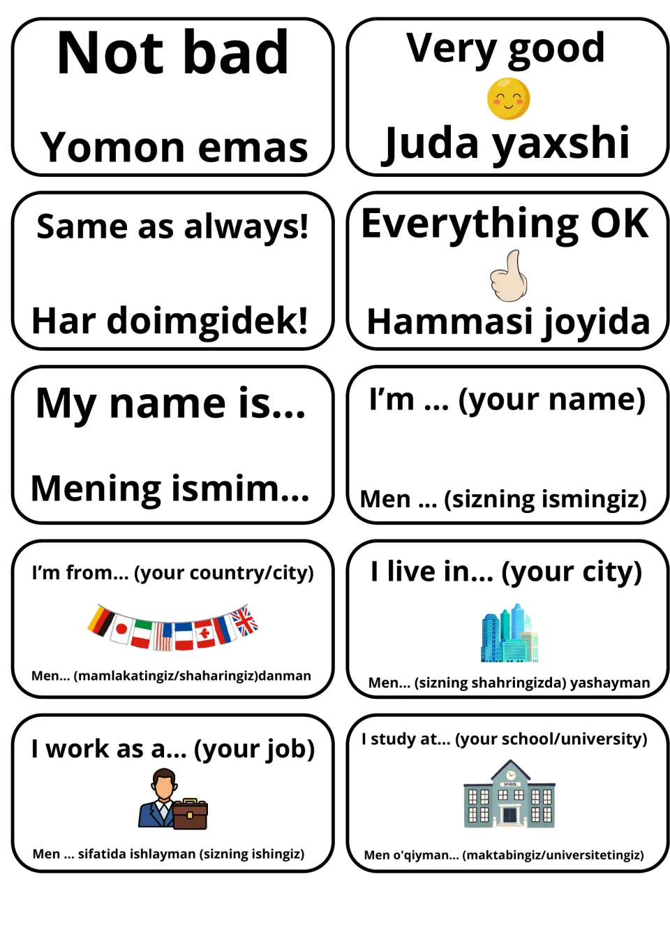 Self-introduction flashcards: English replies and sentence starters like My name is... and I live in... with Uzbek forms