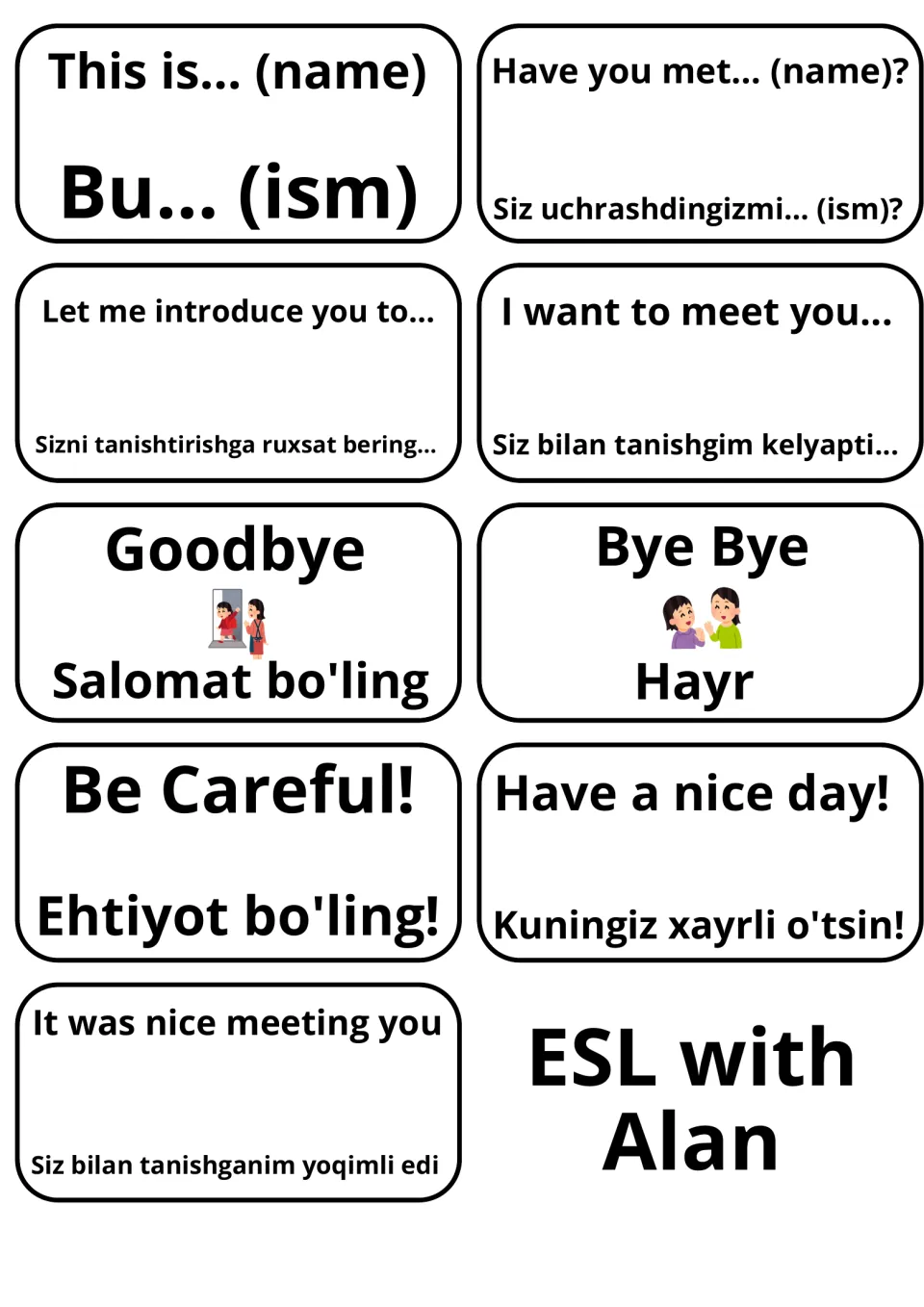Introducing others and farewells: flashcards like This is..., Goodbye and Have a nice day! in English with Uzbek forms