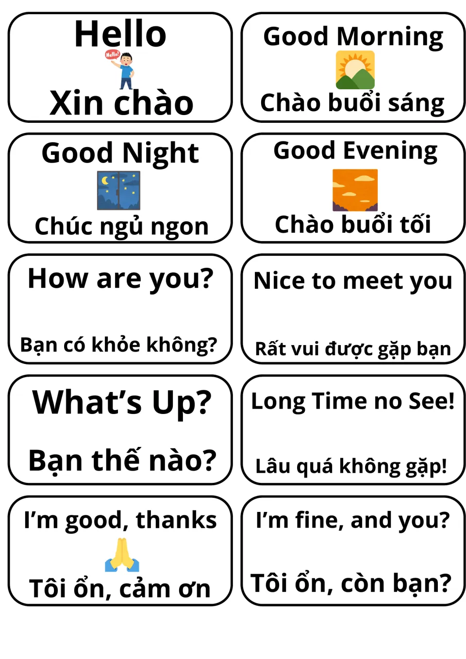 English-Vietnamese greeting flashcards: 10 cards pair Hello, Good Morning, How are you? and more with Vietnamese