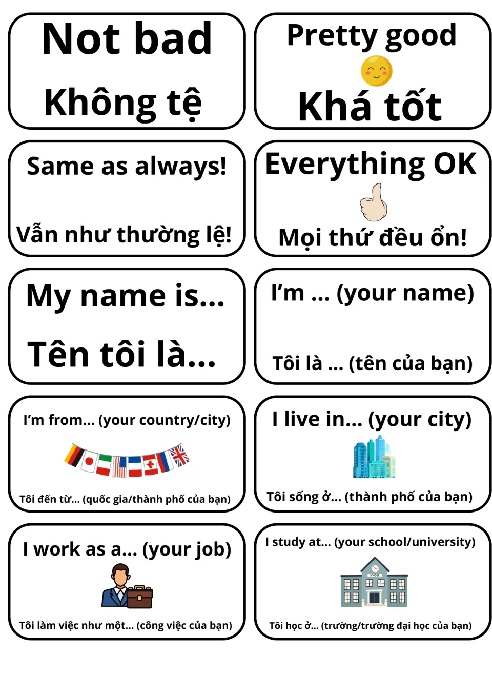 Self-introduction flashcards in English and Vietnamese: Not bad, My name is…, I'm from…, I work as a…