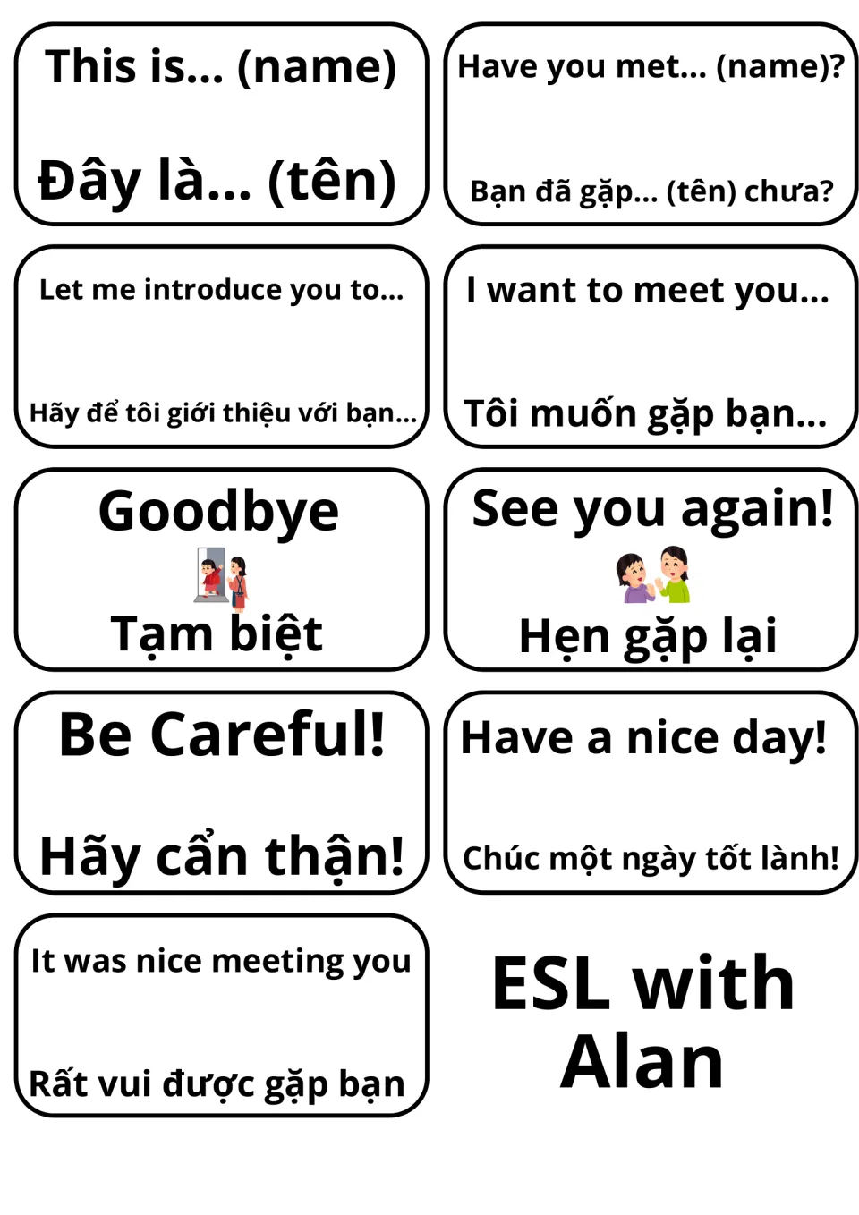 Introductions and farewells flashcards in Vietnamese: This is…, Have you met…?, Goodbye, See you again!