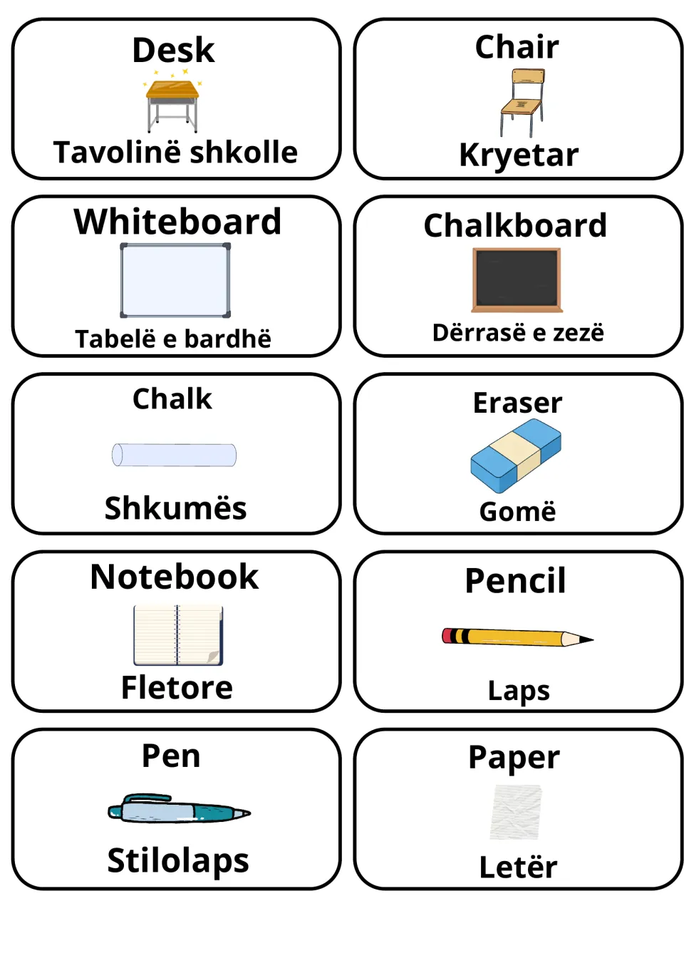 Classroom objects in English and Albanian: 10 picture cards from desk, chair and whiteboard to pencil, pen and paper