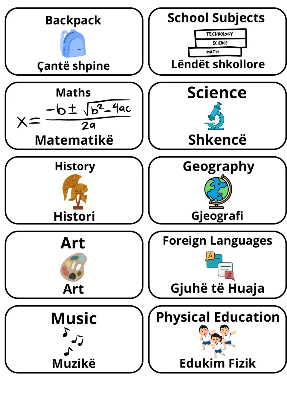 School subjects in English and Albanian: picture cards for backpack, maths, science, history, geography, art, music and PE