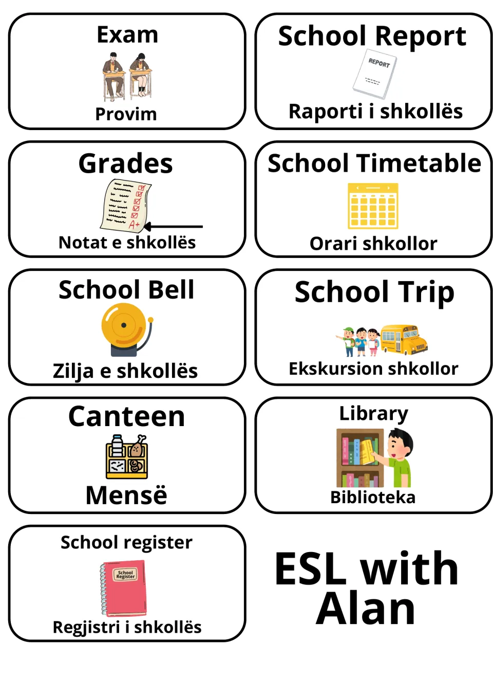 School words in English and Albanian: cards for exam, report, grades, timetable, bell, school trip, canteen and library