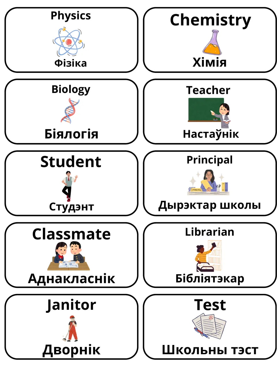 Science subjects and school staff: Belarusian-English flashcards for physics, biology, teacher, principal, janitor