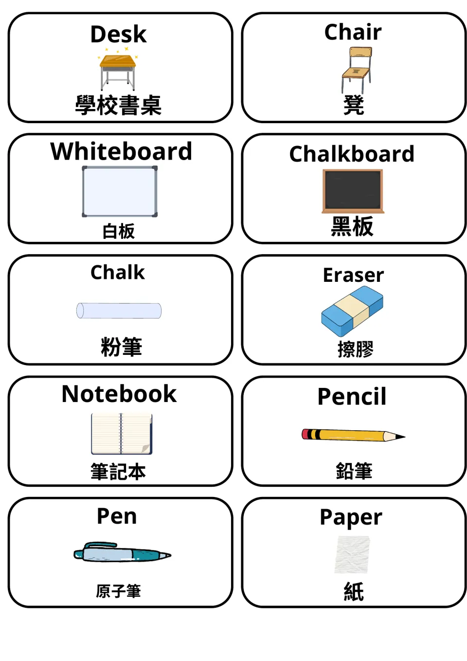 Classroom objects flashcards: desk, chair, whiteboard, chalk, eraser, pencil and paper, pictured with Cantonese words