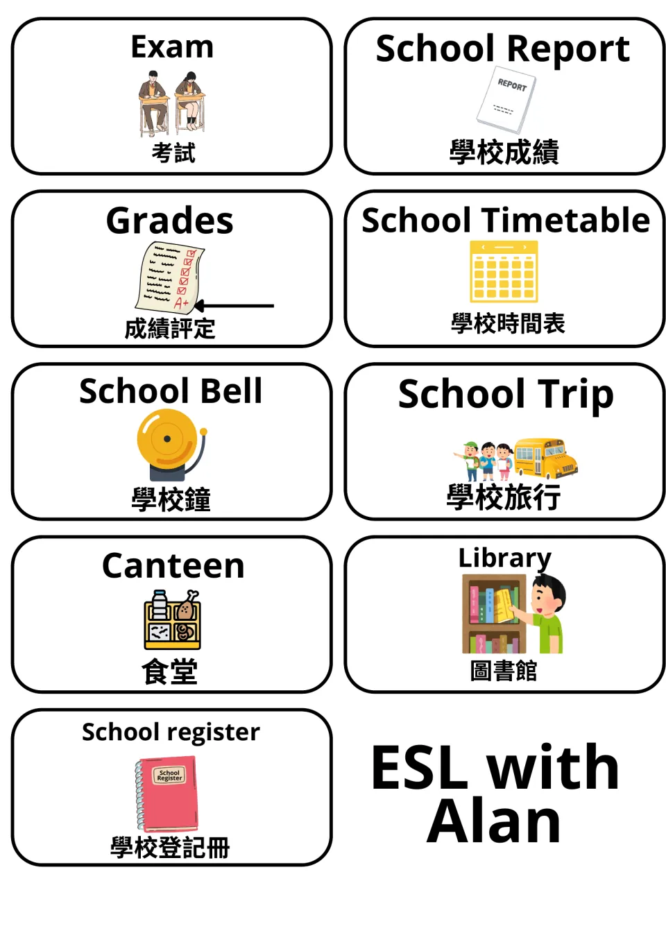 School life flashcards: exam, report, grades, timetable, bell, school trip, canteen, library and register with Cantonese