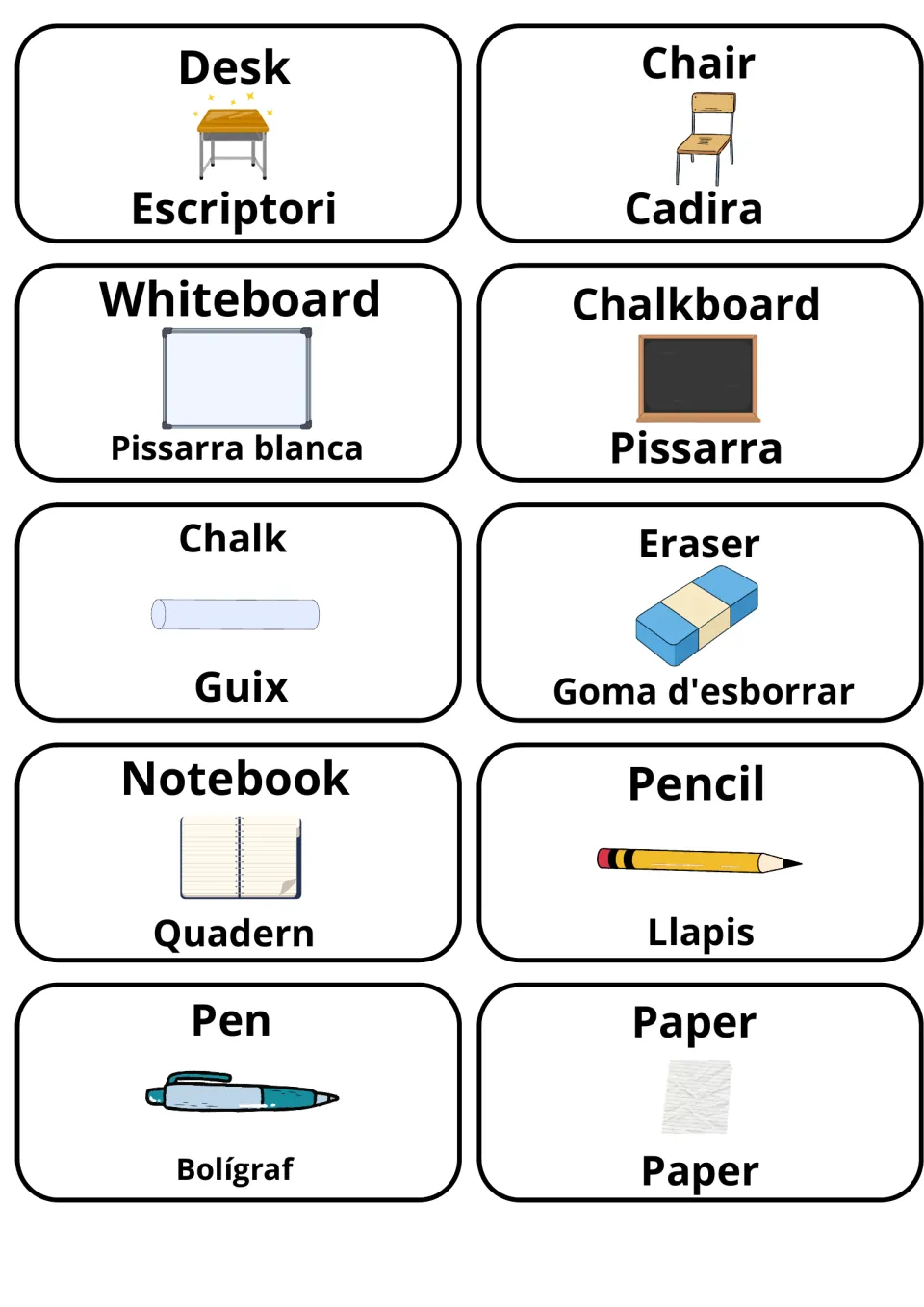 Classroom objects flashcards: 10 picture cards pair English and Catalan, e.g. Desk/Escriptori, Chalk/Guix, Pencil/Llapis