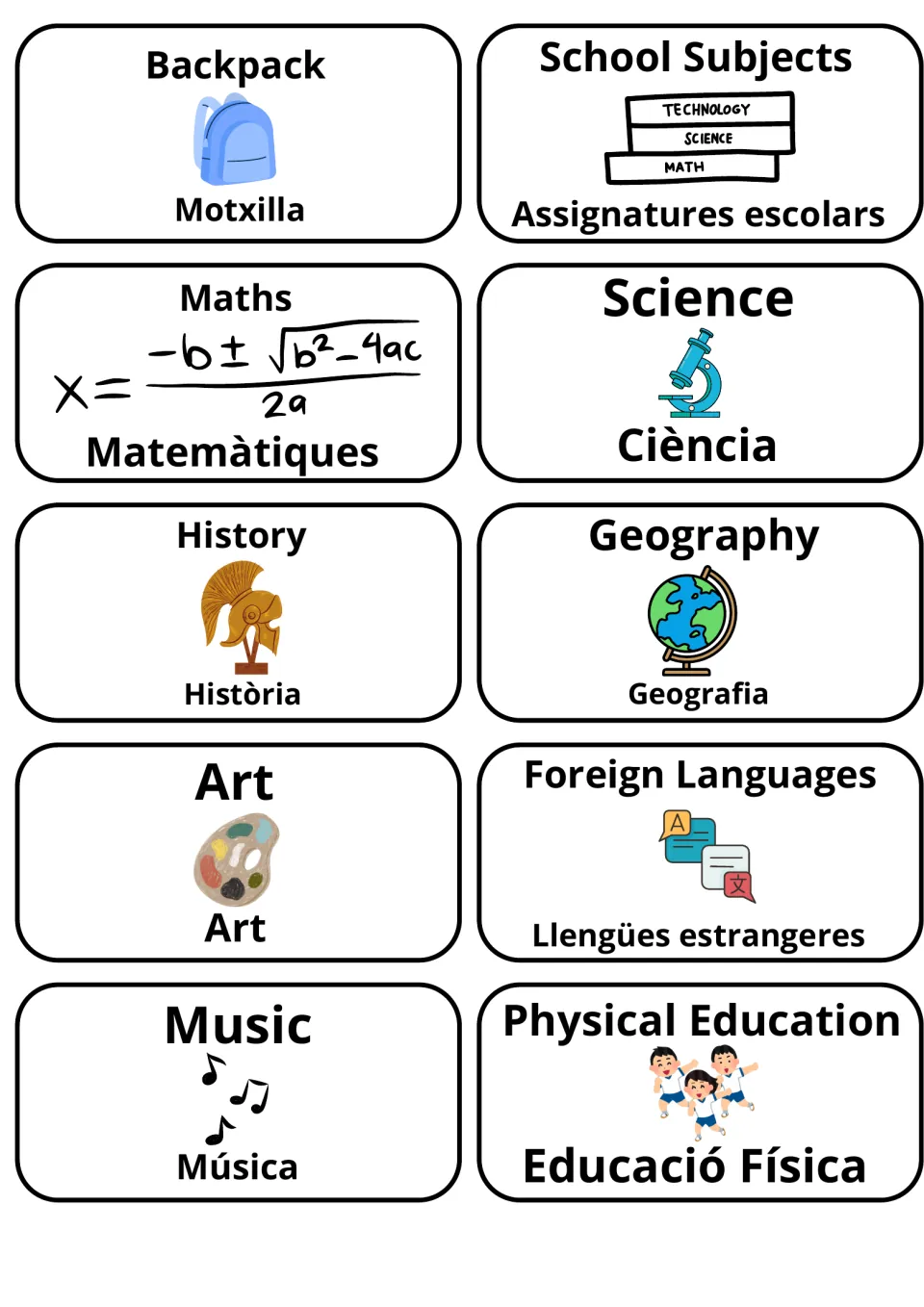 School subjects flashcards in English and Catalan, such as Maths/Matemàtiques, History/Història and Music/Música