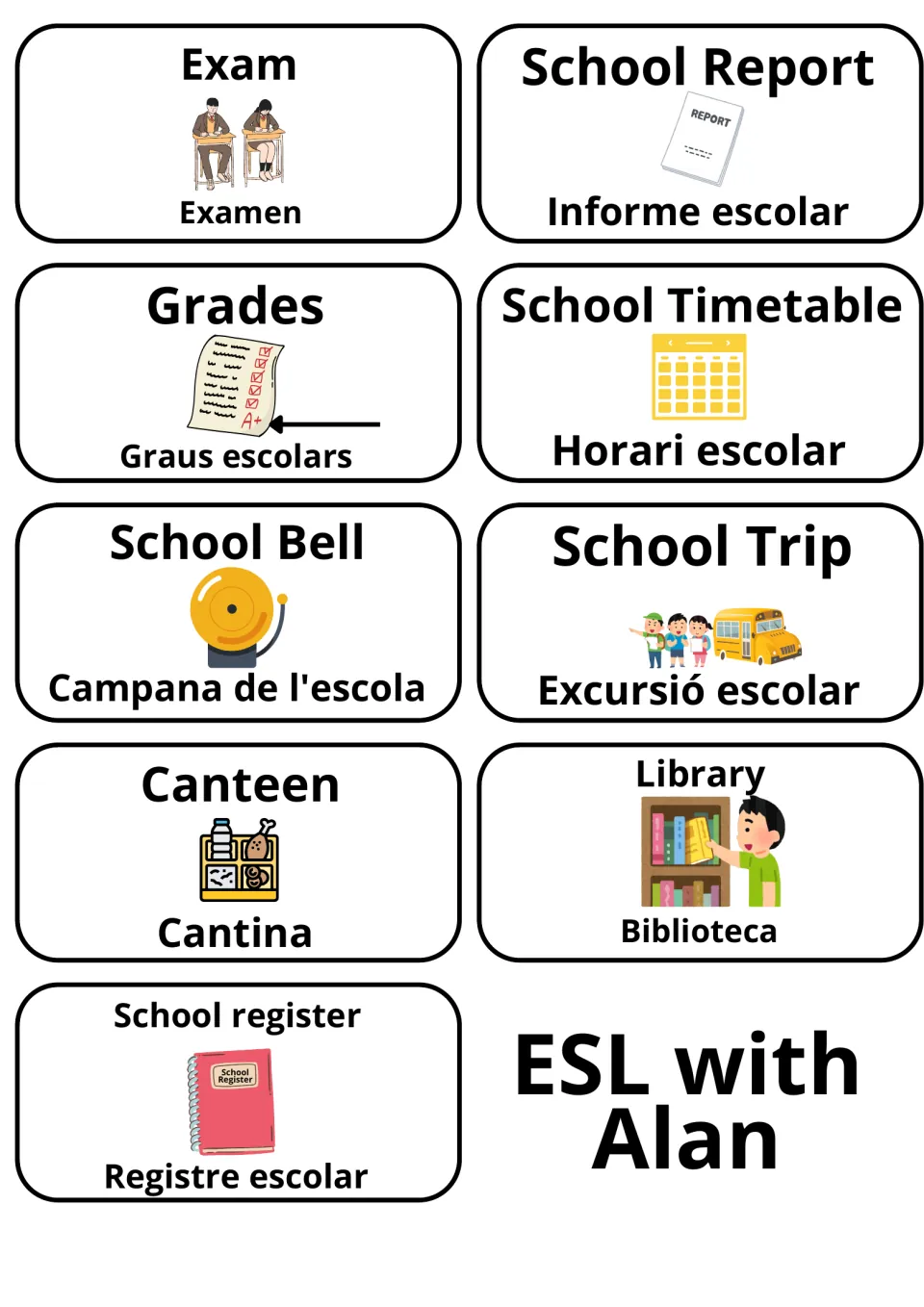 School life flashcards in English and Catalan: Exam/Examen, School Trip/Excursió escolar, Library/Biblioteca and more