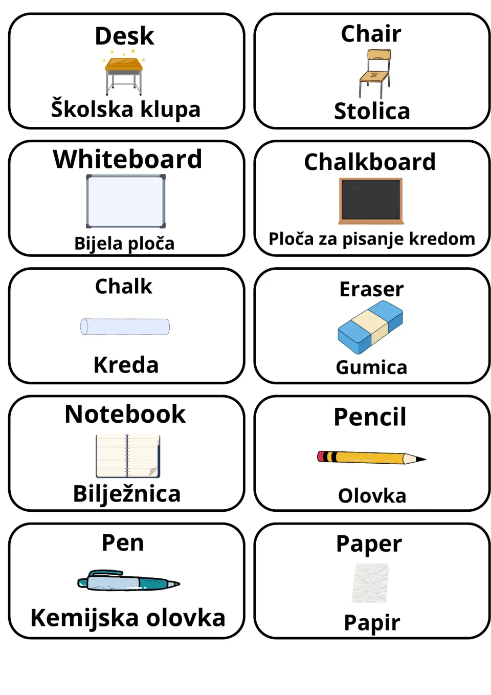 Classroom objects in English and Croatian: 10 picture flashcards such as desk/školska klupa, chalk/kreda and pen