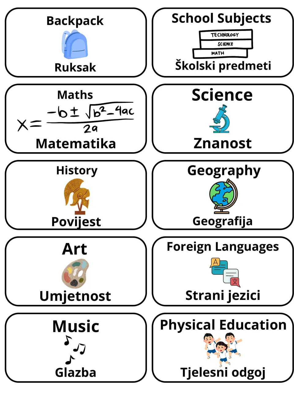 School subjects in English and Croatian: picture flashcards for backpack, maths/matematika, history, art, music and more