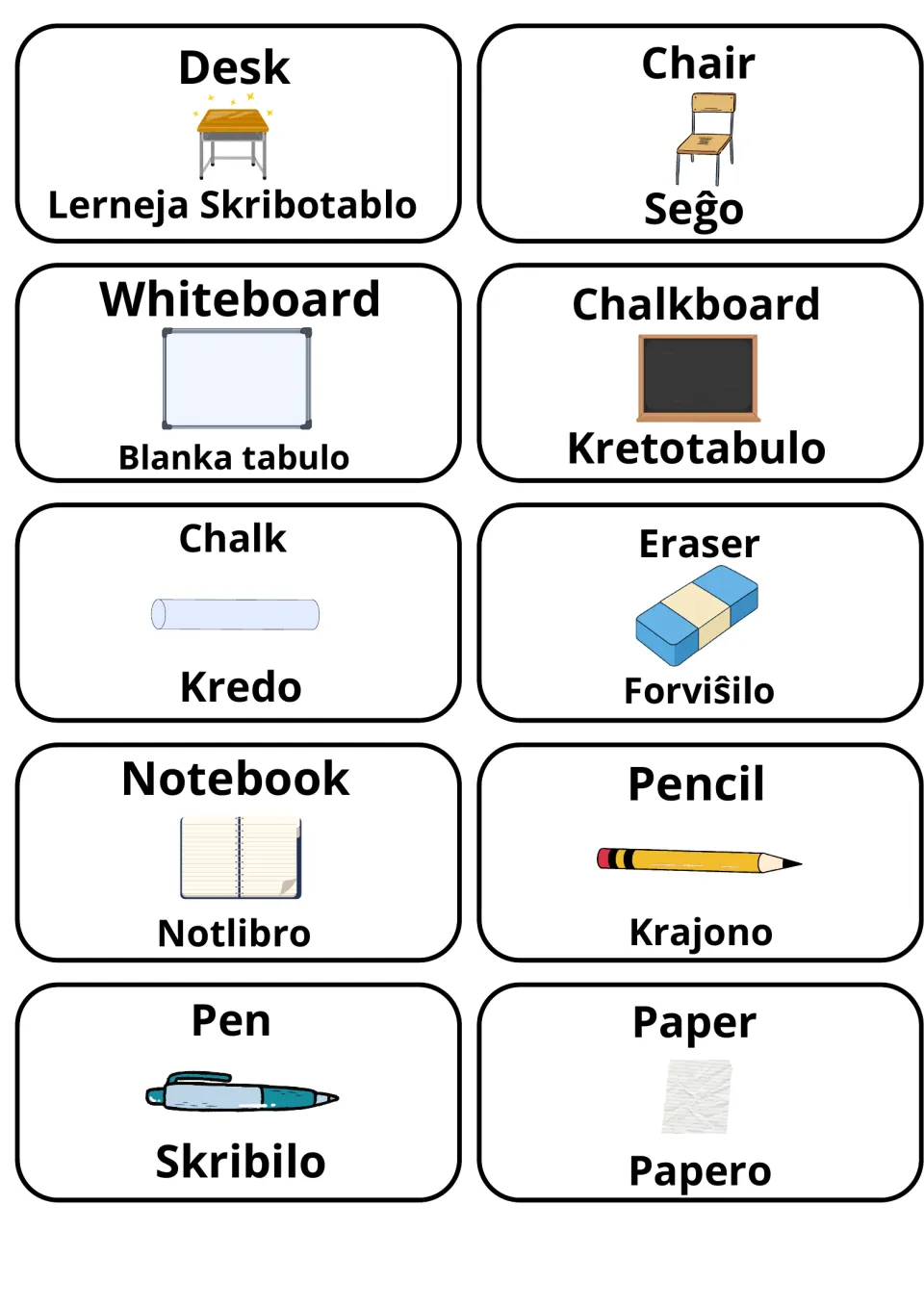 School supplies in English and Esperanto: 10 picture flashcards from Desk (Lerneja Skribotablo) and Chair to Pen and Paper