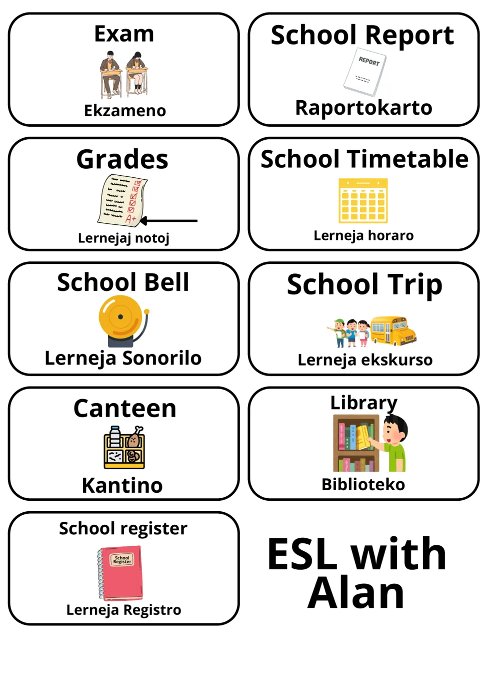 School life words in Esperanto: 9 flashcards such as Exam, School Report, Timetable, School Bell, Trip, Canteen, Library