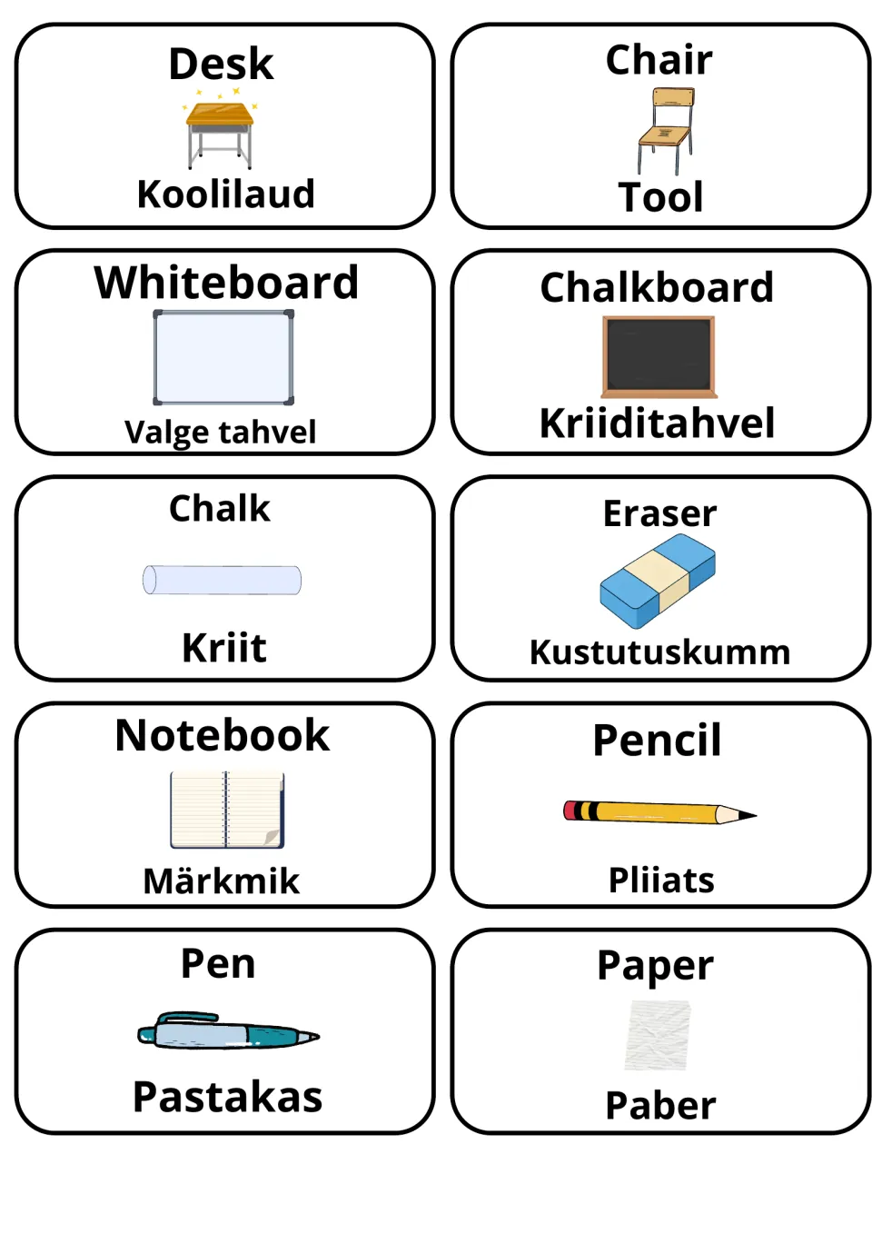 Classroom objects in English and Estonian: 10 picture cards such as Desk/Koolilaud, Chalk/Kriit and Pencil/Pliiats
