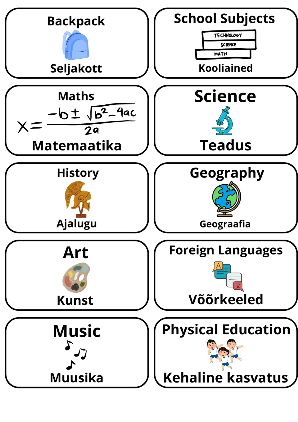 School subjects in English and Estonian: picture cards for Backpack, Maths/Matemaatika, Art/Kunst, Music/Muusika and more