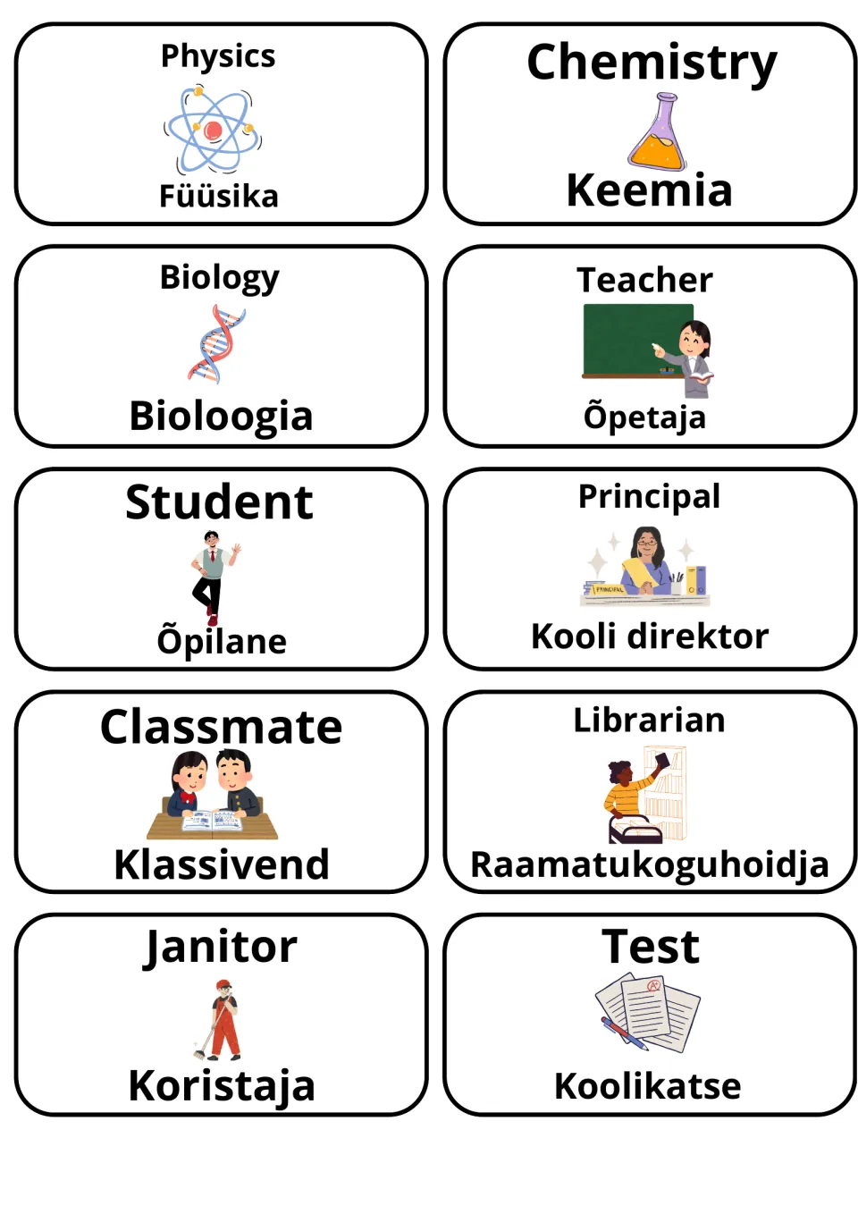 Sciences and school people in Estonian: picture cards for Physics/Füüsika, Teacher/Õpetaja, Librarian, Janitor and Test