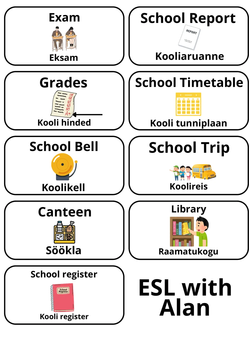 School life words in Estonian: 9 picture cards incl. Exam/Eksam, School Bell/Koolikell, Canteen/Söökla and Library