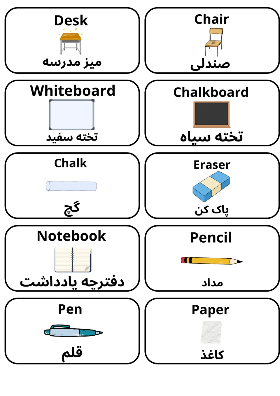 Classroom objects flashcards in English and Farsi: desk, chair, whiteboard, chalkboard, chalk, eraser, pencil, pen, paper