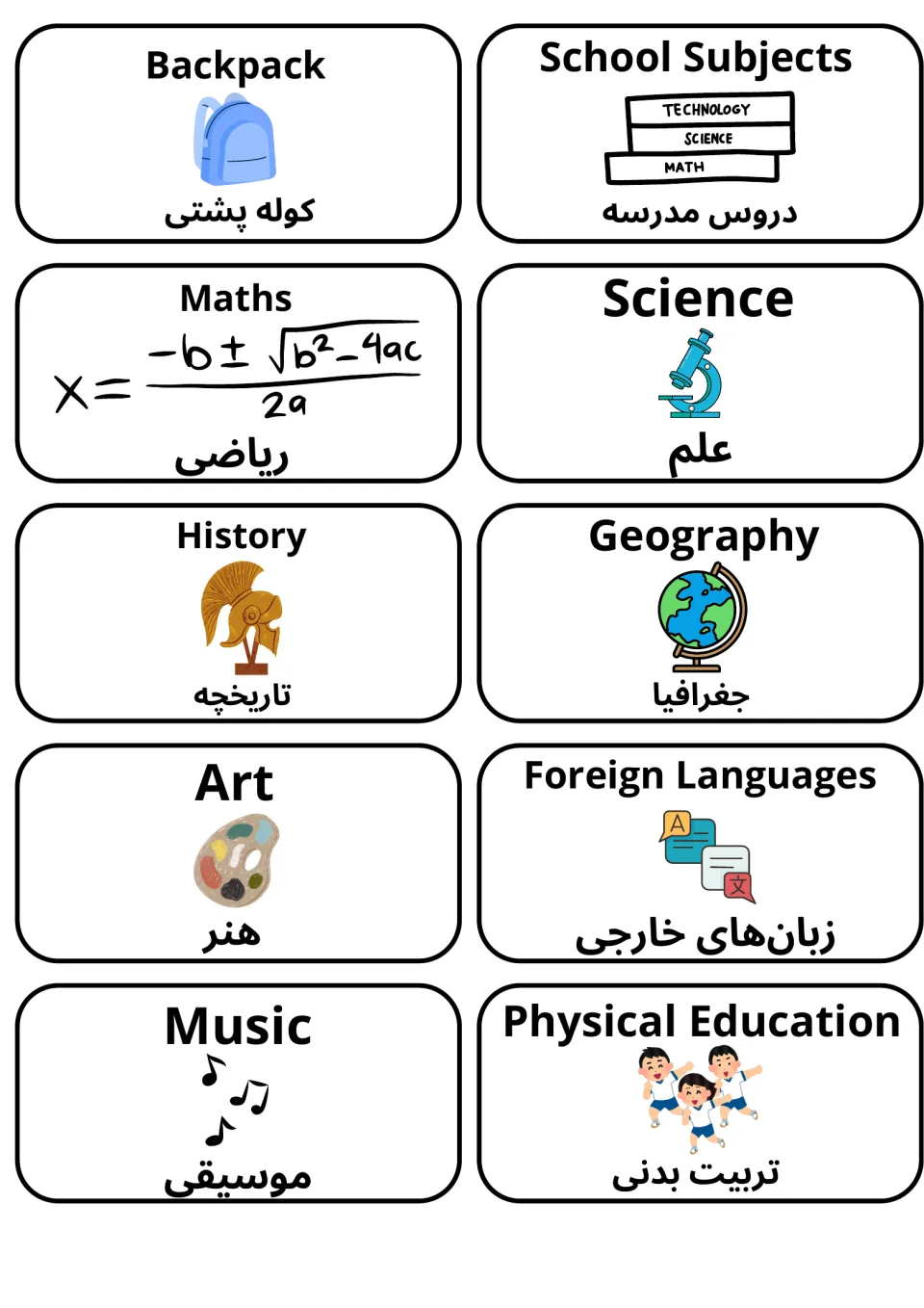 School subjects flashcards in English and Farsi: backpack, maths, science, history, geography, art, music, PE