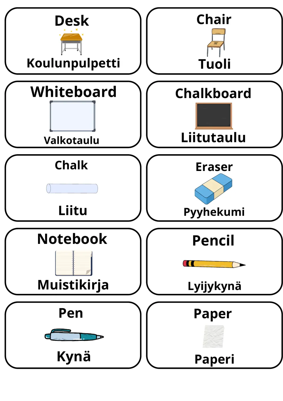 Classroom objects in English and Finnish: 10 picture flashcards such as desk/koulunpulpetti, chalk/liitu and pen/kynä