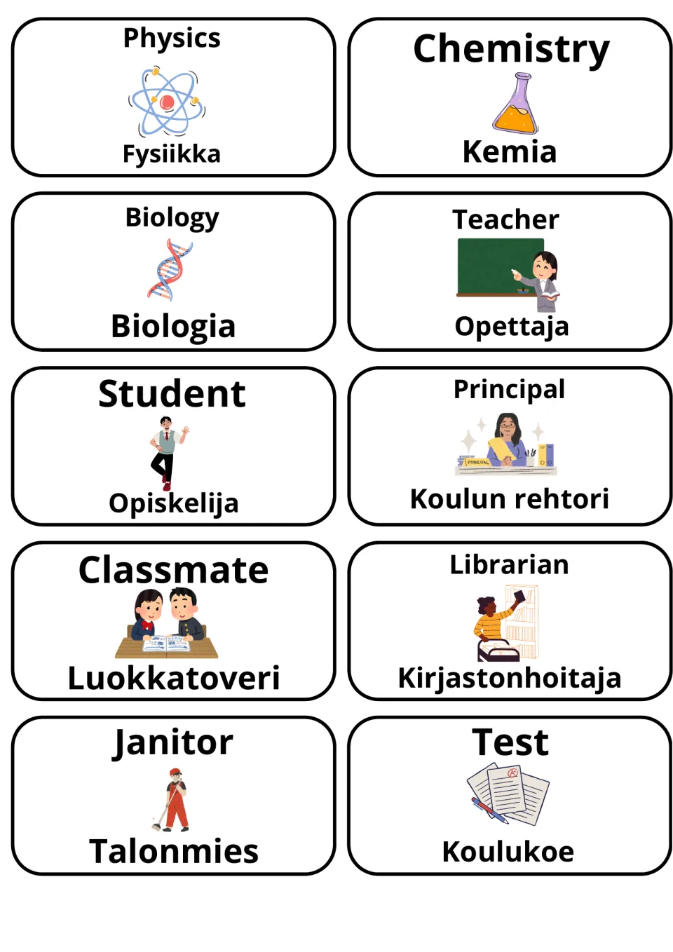Sciences and school people in English and Finnish: cards for physics/fysiikka, teacher/opettaja and student/opiskelija