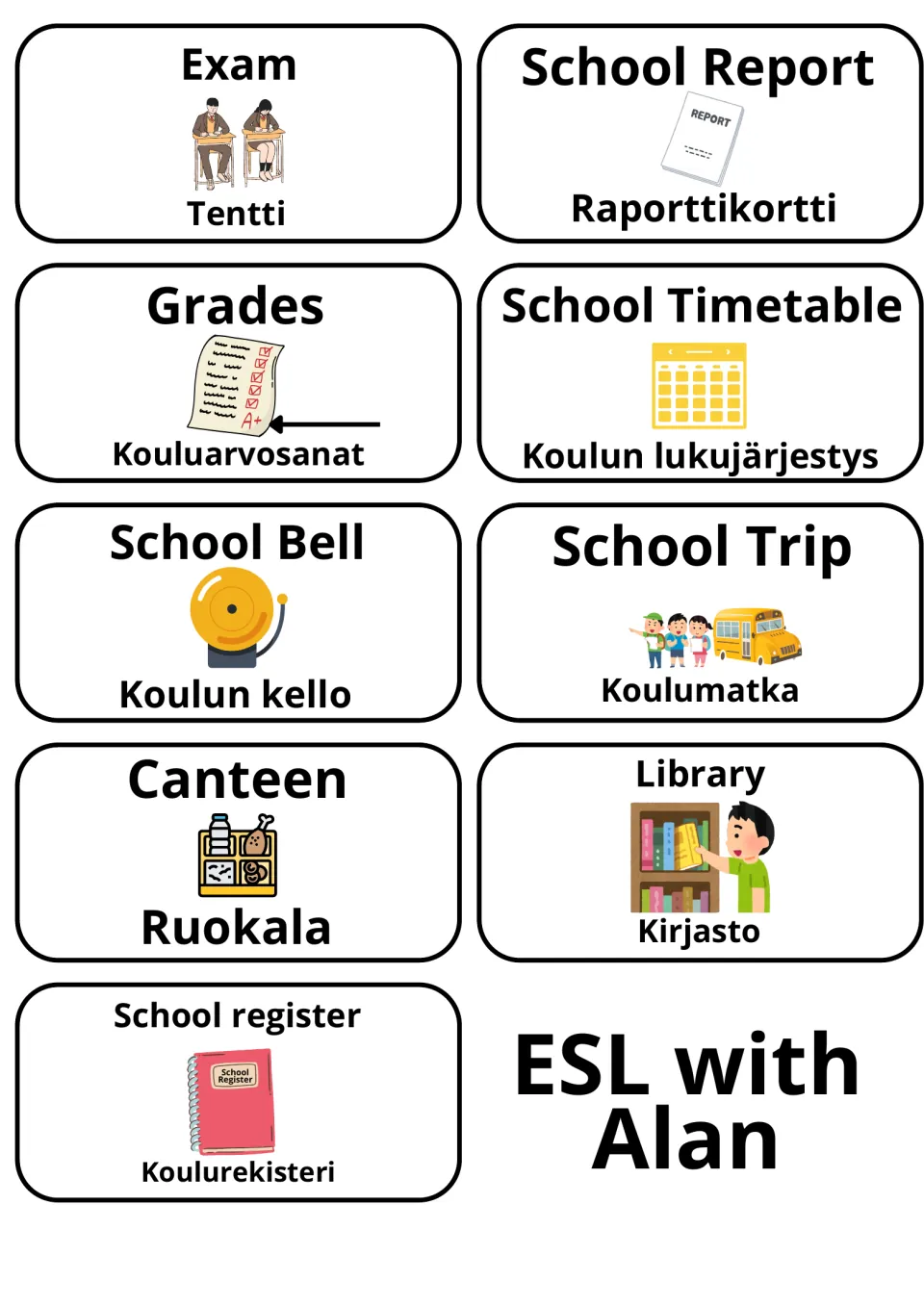 School events and places in English and Finnish: cards for exam/tentti, school bell/koulun kello and library/kirjasto