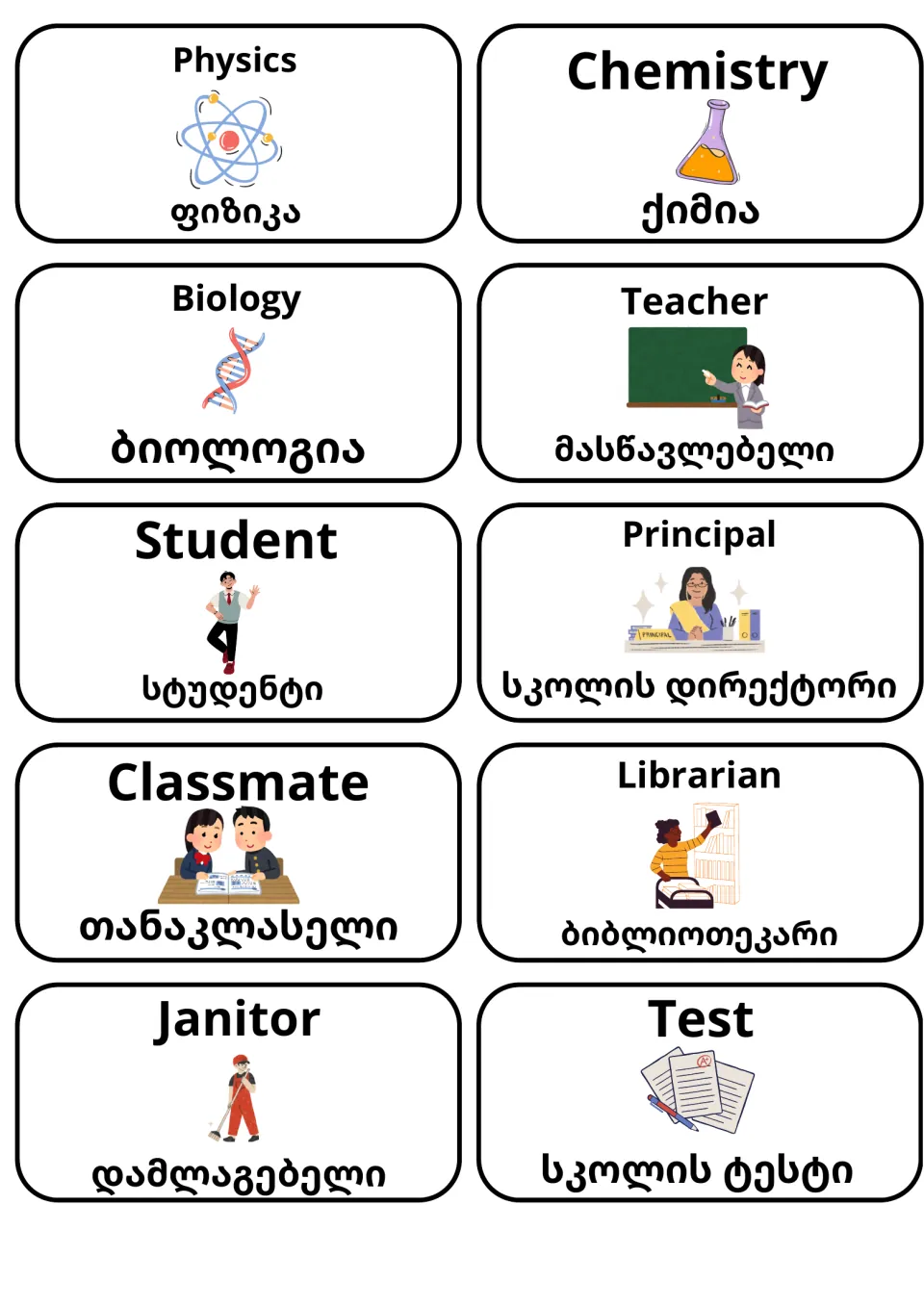 School people and science flashcards in Georgian: physics, chemistry, biology, teacher, student, principal, janitor, test