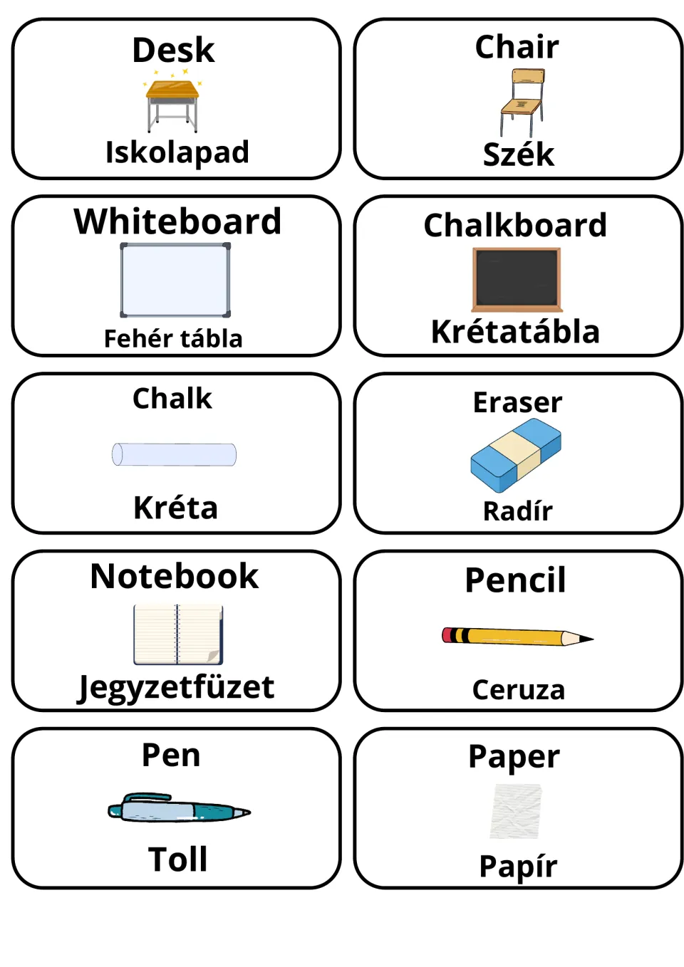 Classroom objects in English and Hungarian: 10 picture cards from Desk/Iskolapad and Chalk/Kréta to Pen/Toll